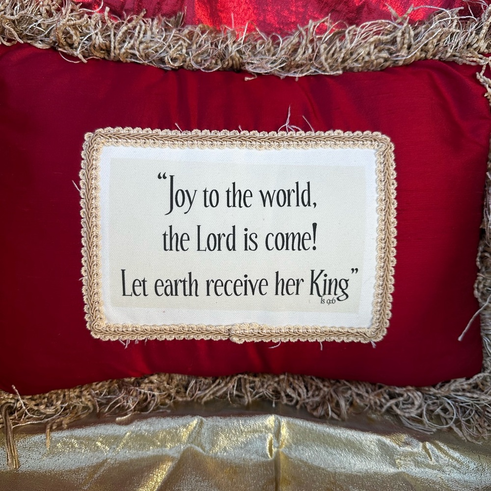 Vintage Red Holiday Pillow w/Gold Fringe ‘Joy to the World, the Lord is come!’
